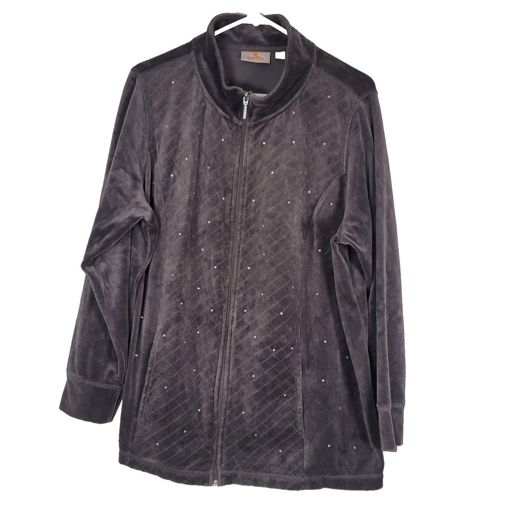 Quacker Factory Jacket Womens 1X Gray Velour Zip‎ Front Rhinestone Embellished